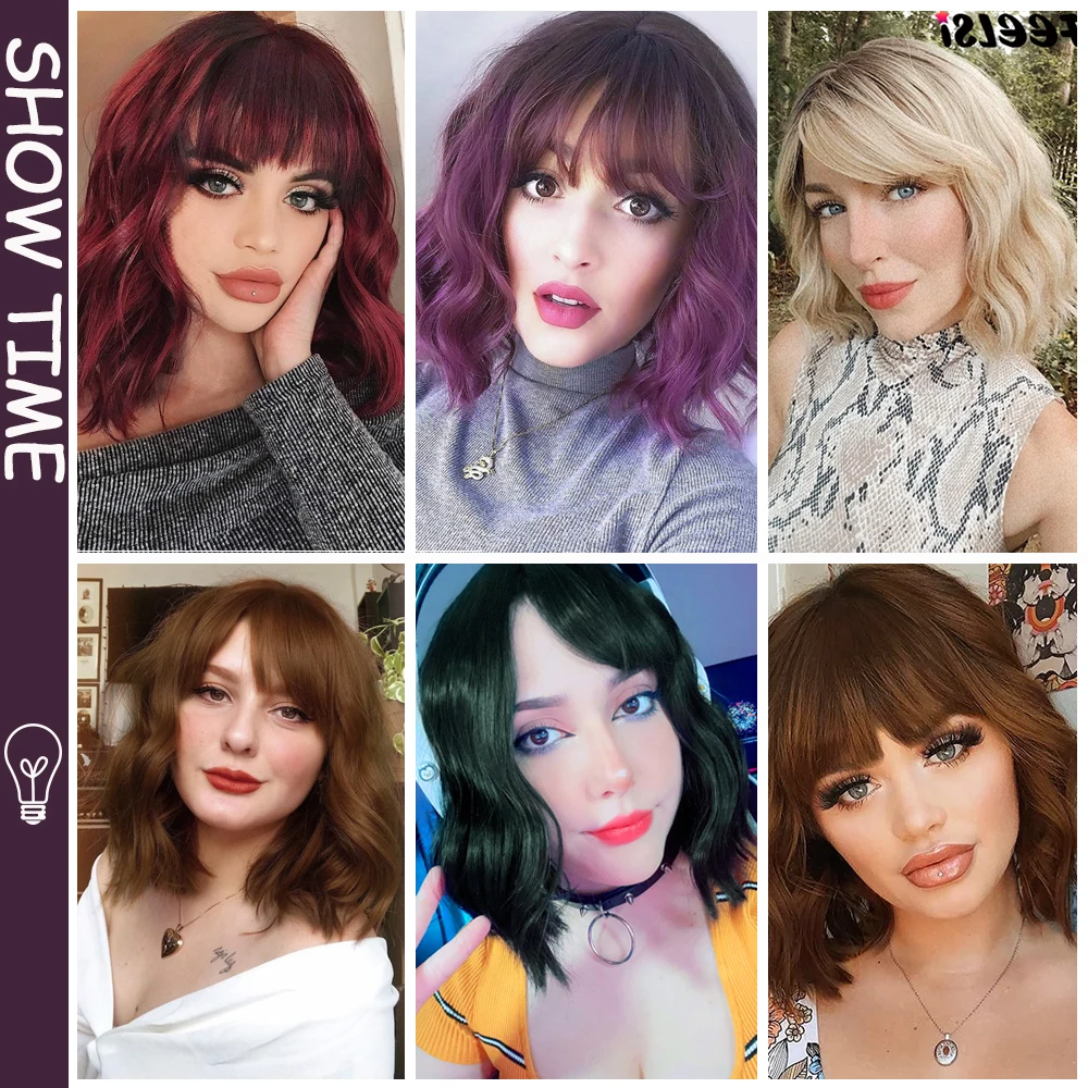 Short Bob Wavy Hairstyle Forest Dark Green Red Ombre Blonde Shoulder Length Wig For Women Halloween Cosplay Synthetic Fiber