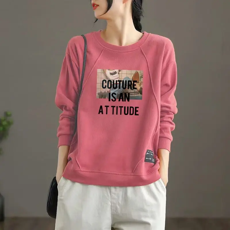 Women\'s Clothing Spring Autumn Pullover Lantern Long Sleeve Letter Geometric Round Neck Printing Hoodies Office Lady Casual Tops