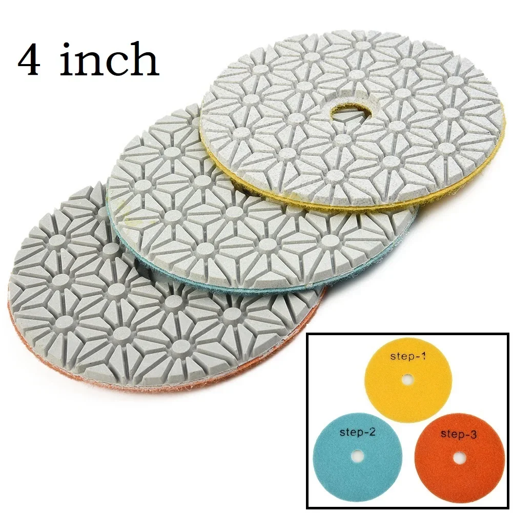 3PCS 4 Inch Polishing Pads Dry/Wet Diamond 3 Step Polishing Pads Granite Stone Concrete Marble Metal Polishing Abrasive Tool