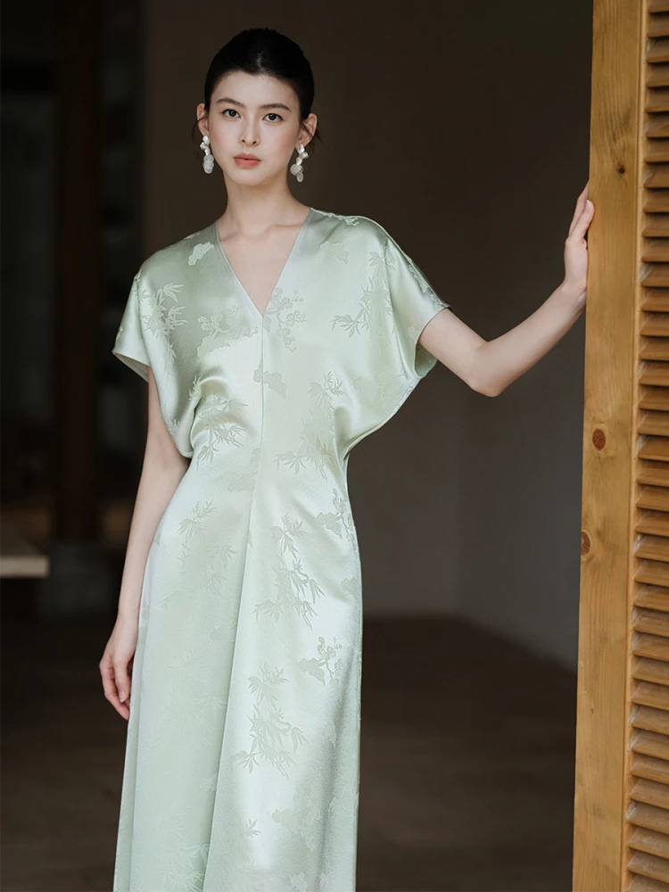 

Ele Chinese Sle Long Dr Women's Spring Summer Loose Fit een Floral Embroidery Satin Fabric High Waist ort Sve