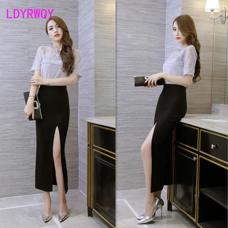 Spring and autumn long skirt front split stretch mid-length high-rise skirt hip skirt women's skirt