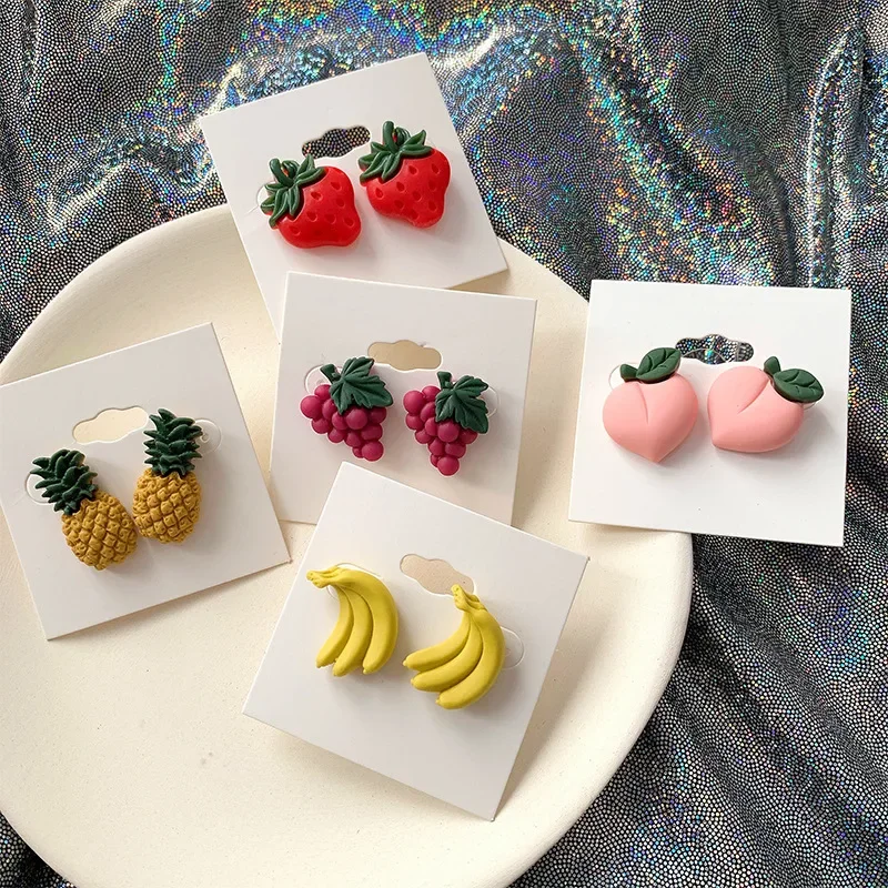 2020 New Colorful Summer Grape Peach Banana Cute Fruit Acrylic Earrings Strawberry Pineapple Earrings Girl's Ear Clip Earrings