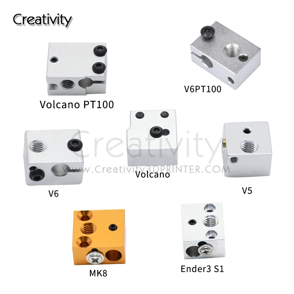 

3D Heat Block V5 V6 MK7 MK8 MK2 MK10 Volcano PT100 Ender3 S1 Heating Block Aluminum For Hotend 3D Printer Parts