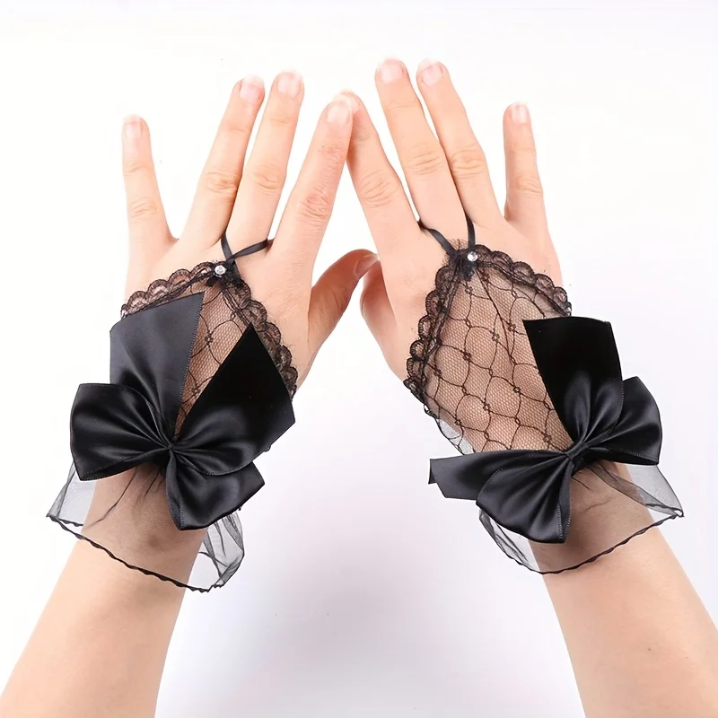 Black Punk Fingerless Gloves with Bowknot and lace details Non-elastic Texture Design Suitable for women's