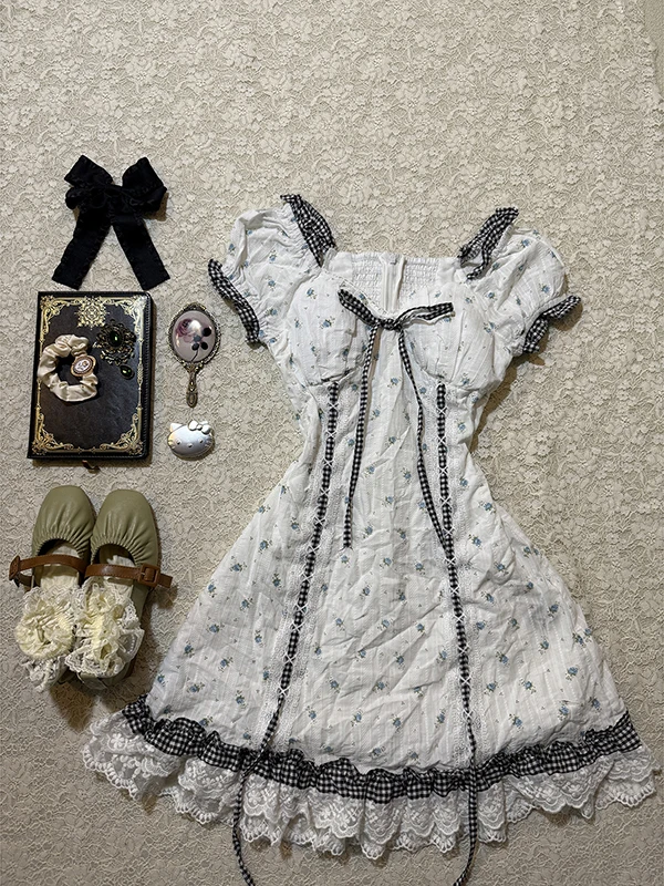 فستان صيفي أصلي بطباعة زهور عتيقة للنساء، تنورة قصيرة من الدانتيل بتصميم A-Line، مزيج قطني مريح بأكمام قصيرة