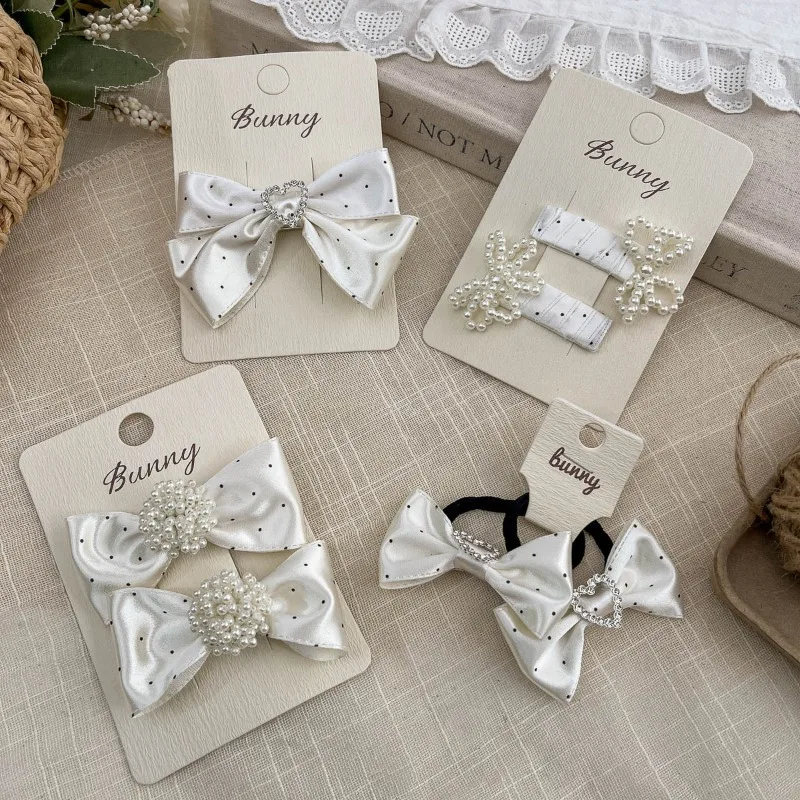 

White Polka Dot Bow Pearl Hair Clips for Girls Premium Soft Fabric Back of Head Baby Hair Styling Non Slip Multifunctional Daily