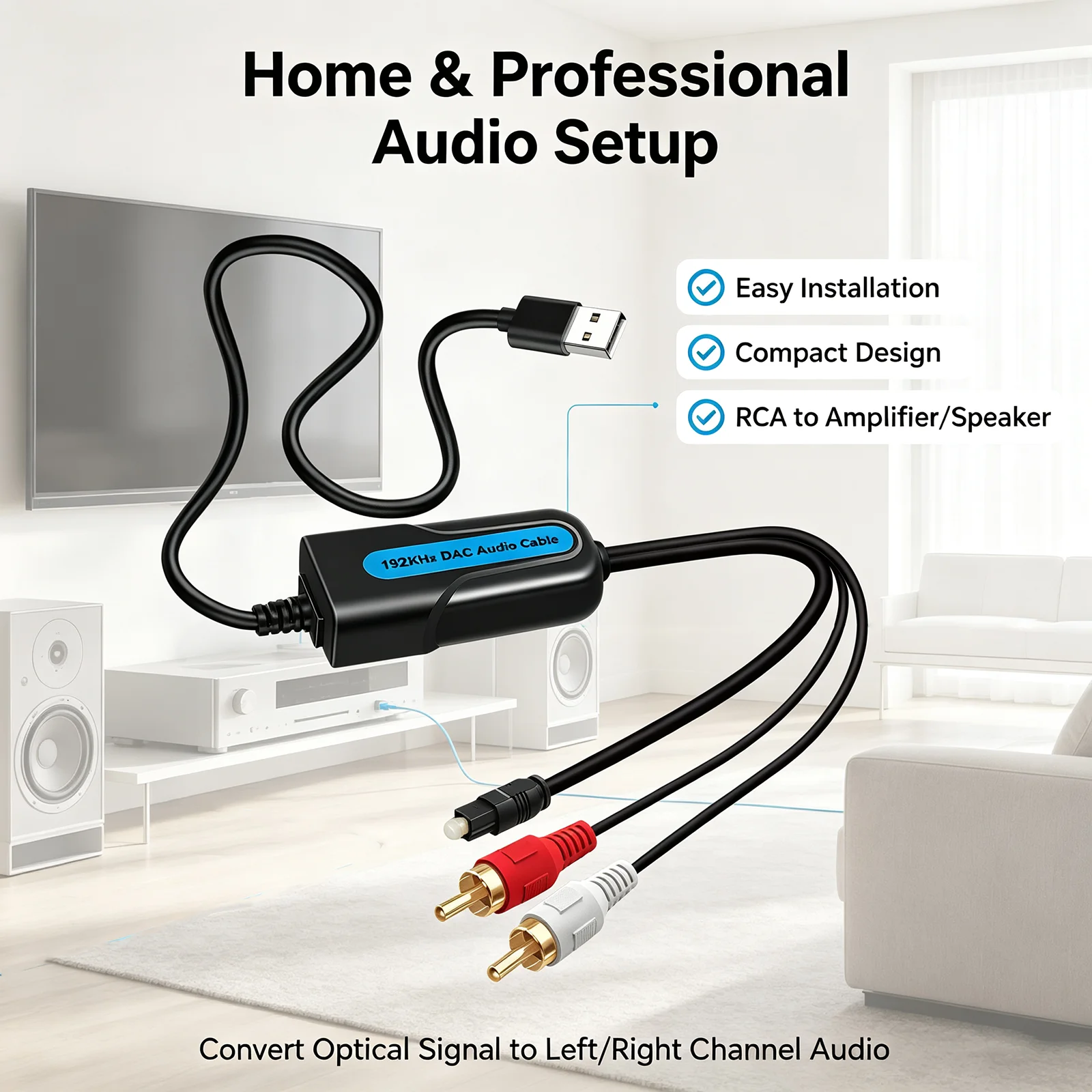 Wiistar 192KHz DAC Cable Toslink to RCA L/R Converter 24Bit SPDIF Dolby Decoder Noise Free for TV Amplifier Home Theater
