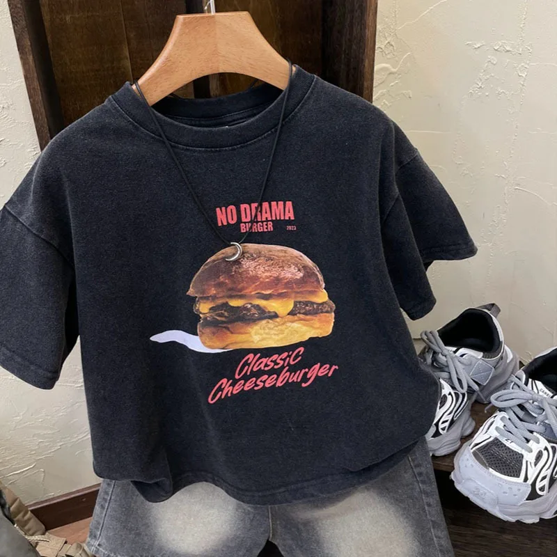 2025 Children's Hamburger Printed Stir Fry Wash Used Short Sleeve T-shirt Pure Cotton Summer Thin Style Retro Color T-shirt