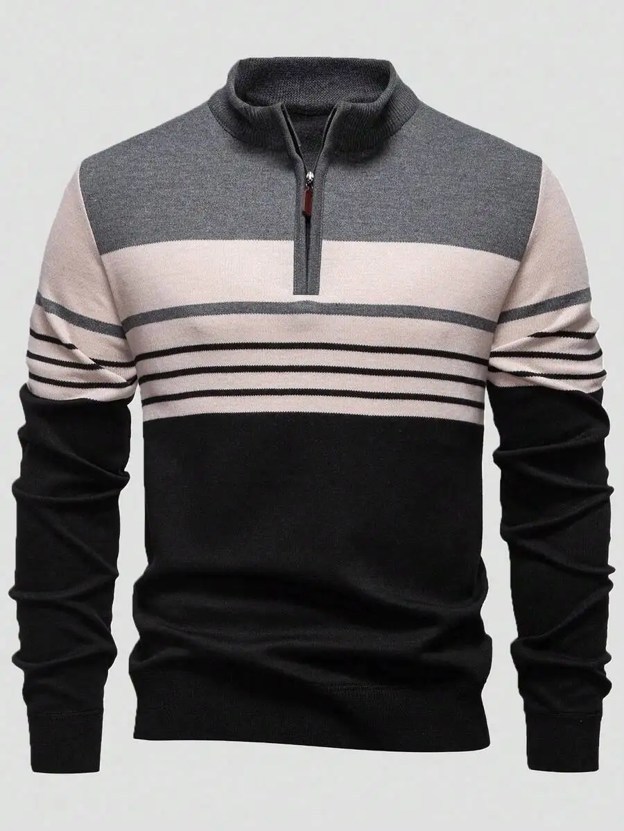 

Men's Half-Zip Striped Knit Sweater, Casual Long Sleeve for Fall Winter