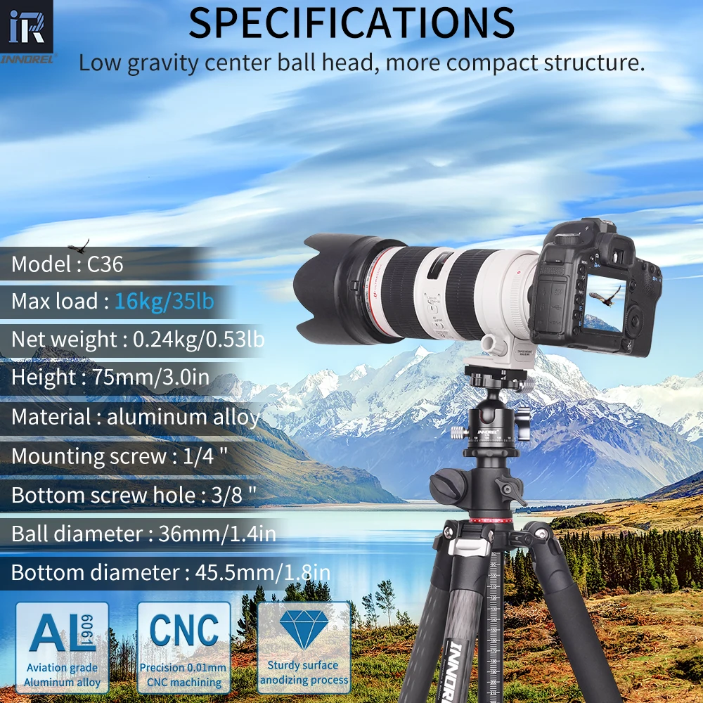 INNOREL C36 رأس كروي منخفض المستوى 36 مم CNC معدني 360 °   رأس حامل ثلاثي القوائم للكاميرا البانورامية للحامل ثلاثي القوائم، Monopod، كاميرات DSLR، كاميرا الفيديو