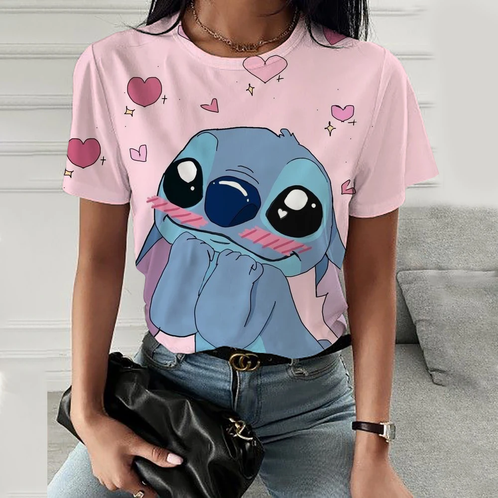 Kawaii Cartoon Happy Stitch Heart Kiss Women Tops 2024 Summer Plus Size S-3XL T-shirts 3D Shirt Hippie Tee Woman Clothes