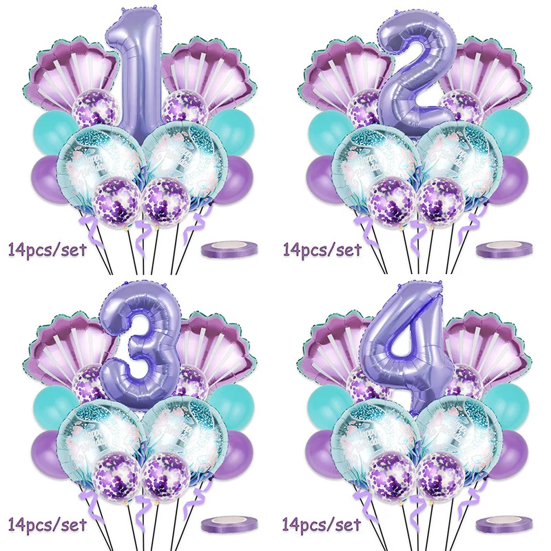 Mermaid Birthday Balloons Set 32inch Purple Number Shell Foil Ballon Girls Happy Little Mermaid 1st 2nd 3rd 4th Birthday Balloon