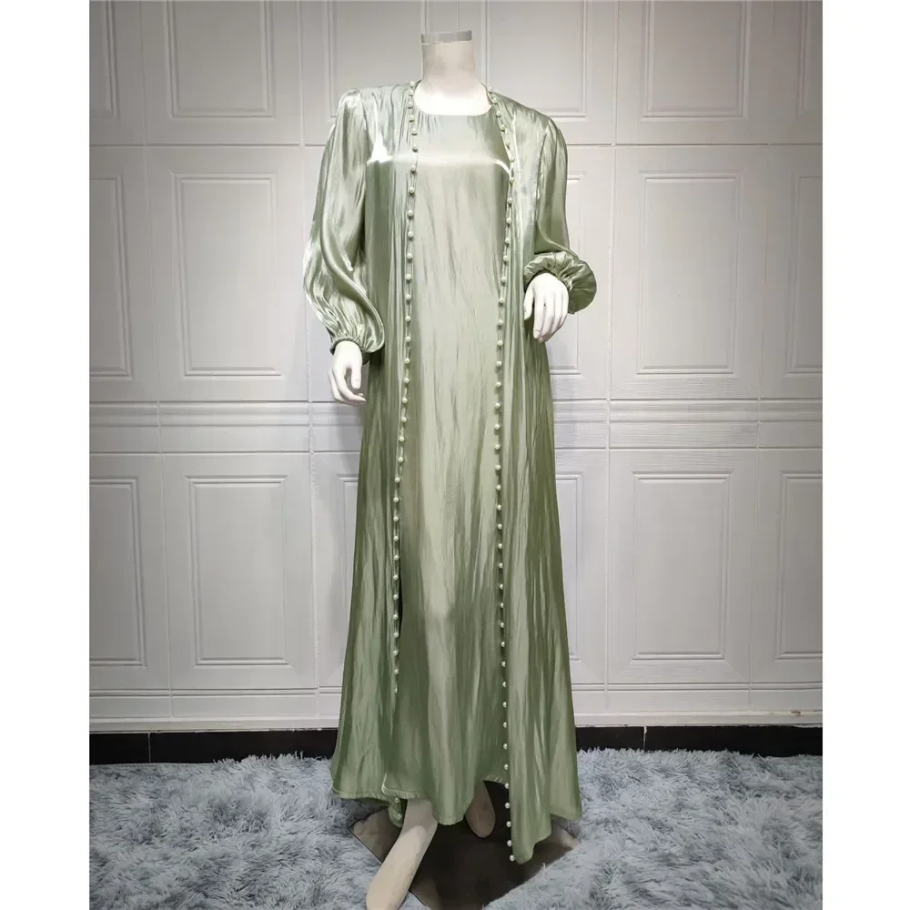 Elegante musulmano Abaya 2 pezzi coordinati set perline raso donne Hijab abito abito da sera turchia arabo Islam abiti caftano marocchino