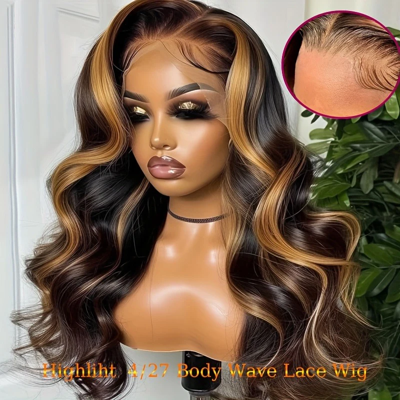 

13x4 HD Парики Фронта Шнурка Человеческие Волосы Предварительно Сорванные Объемные Волны Боб Парики для Женщин Элегантный Шиньон Выделите Элегантный Парик Боб P4/27