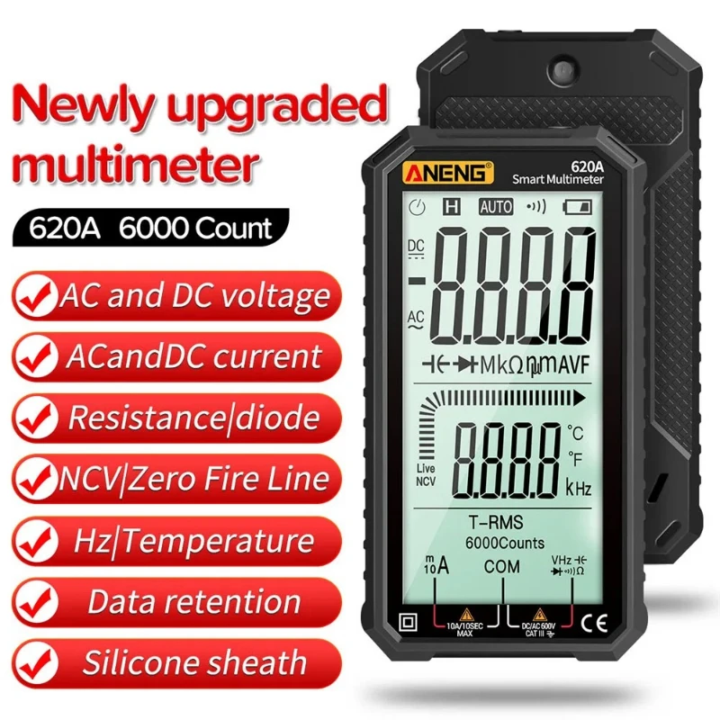 620A LCD Digital Smart Multimeter Transistor Testers 6000 Counts True RMS Auto Electrical Capacitance Meter  Resistance Temp