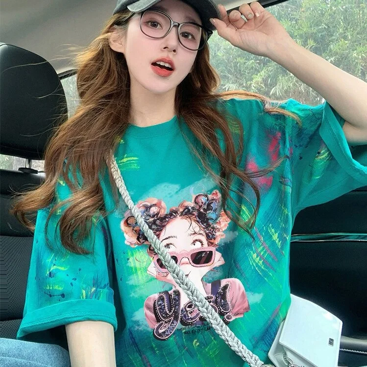 Loose Fit Pure Cotton round Neck T-Shirt Women's Style Modern Print Design Back Pack Collar Summer Top for Unisex