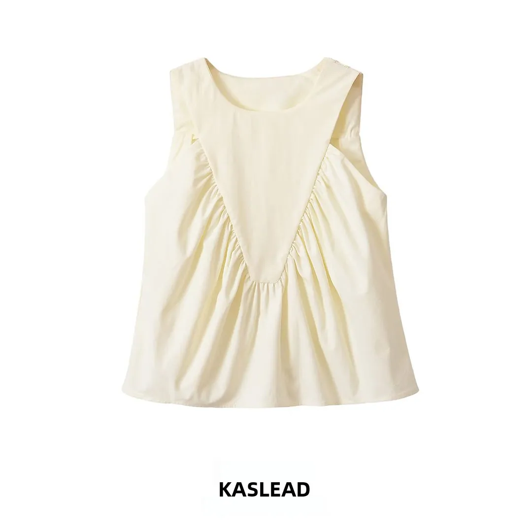 KASLEAD New Women's Fashion Elegant Versatile Asymmetrical Pleated Top Polyester Fiber Loose Fit round Neck Short Sleeve