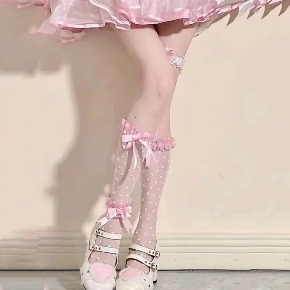Breathable Bowknot Lolita Calf Socks Kawaii Ruffle Crystal Stockings Transparent JK Women Long Socks Japanese Style