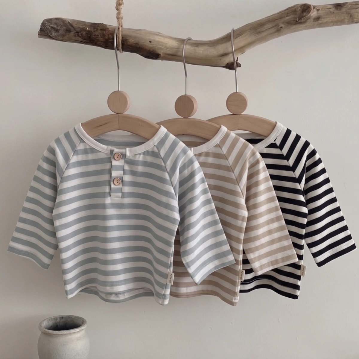 Spring Autumn Unisex Baby Clothes 3‑Pcs Versatile Striped Tee, Raglan Sleeve Henley Neck Casual Infant Long Sleeve Top