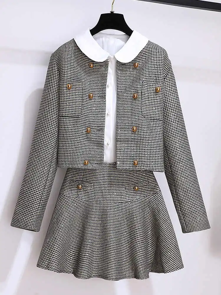 Women Chic JK Uniform Plaid Suit Jacke Coat White Shirt Top And A Line Skirt Three Piece Set Outfit Sequin Vintage 2023 Clothing