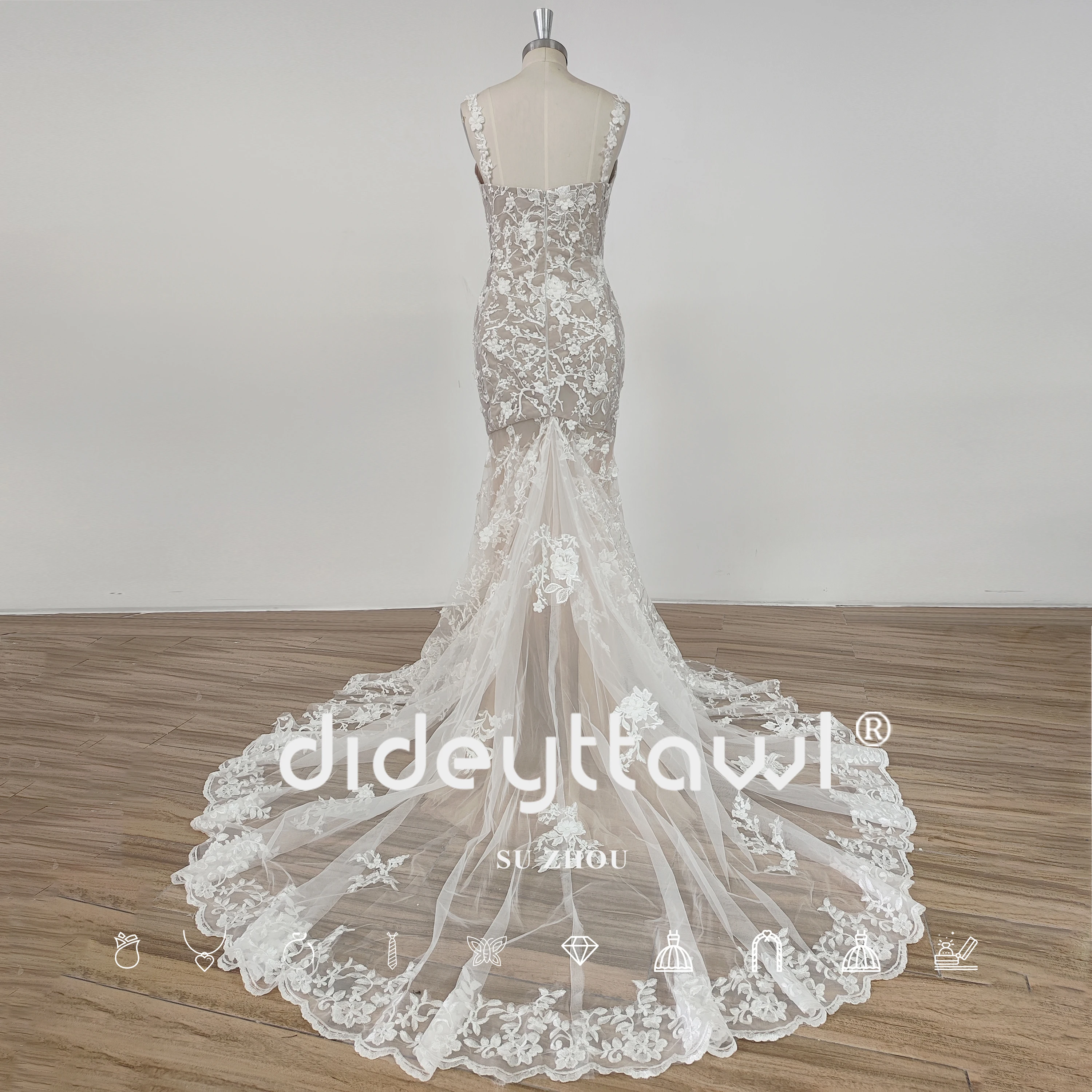 DIDEYTTAWL Sleeveless Sweerheart Tulle Backless Mermaid Wedding Dress Spaghetti Straps Lace Appliques Bride Gown Real Photos