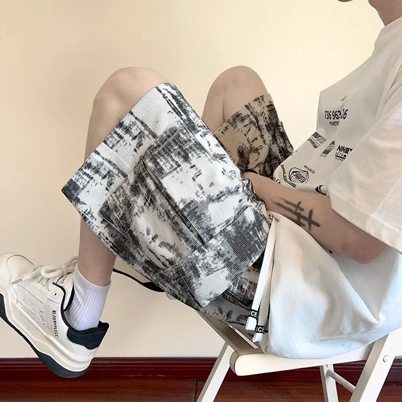 포켓 남성 카고 반바지 와이드 배기 오버 니 루즈 엘라스틱 허리 프린트 숏 팬츠 남성 드로스트링 인기 캐주얼