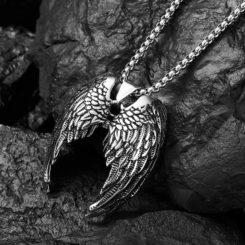 Vintage 316L Stainless Steel Angel Wings Necklace for Men Fashion Biker Punk Hip Hop Party Men Necklace Chain Jewelry Wholesale