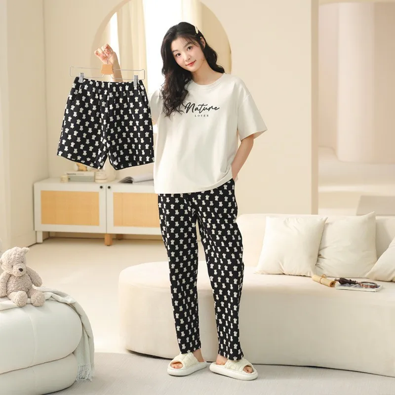 New Pajamas Homewear Three-Piece Suit Women\'s Summer Short-Sleeved Long Pants Simple Casual Large Size Pajamas Homewear