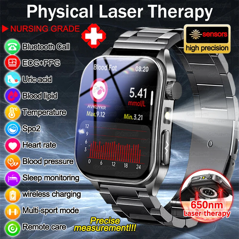 

2026New Precise Blood Fat Uric Acid ECG Smart Watch 650nm Laser Therapy Heart Rate Blood Pressure Fitness Tracker Smartwatch Men