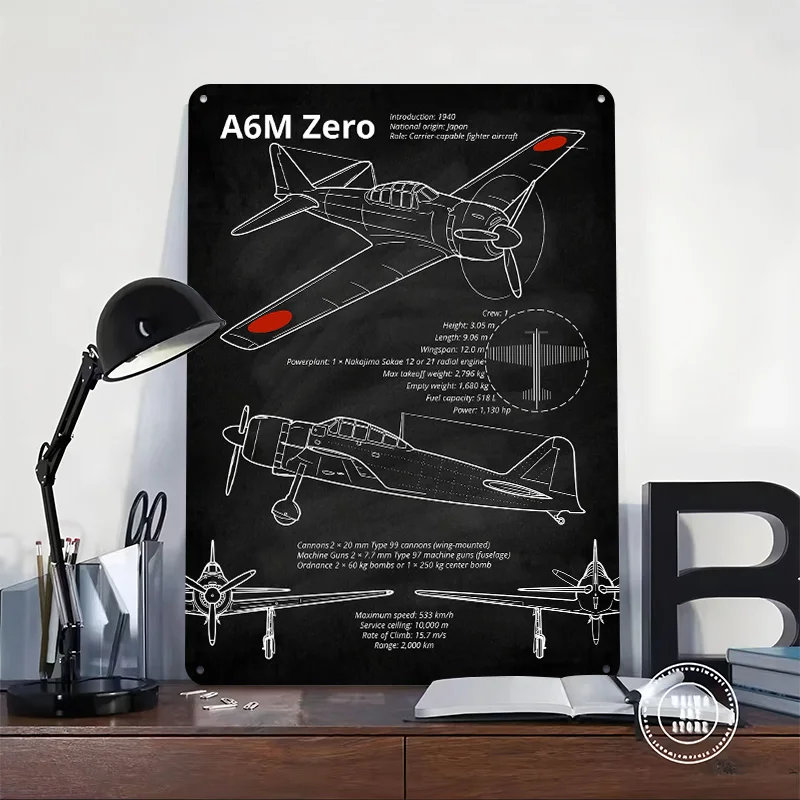 A6M Zero Blueprint on Chalkboard 3D Printed Texture Poster Personalized Wall Art Retro Metal Tin Signs for Office Decor Room