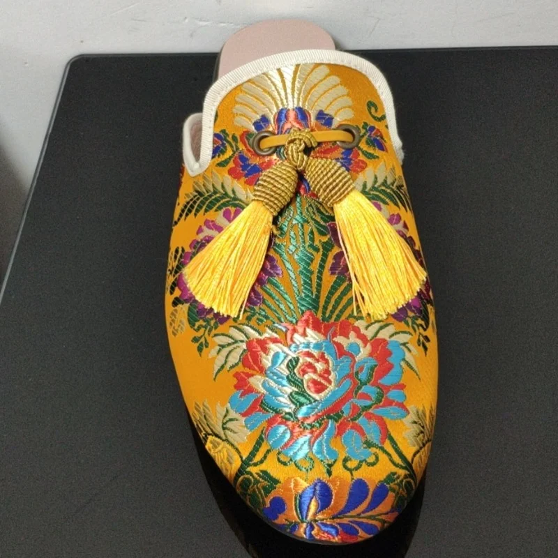 New Loafers for Men Yellow Floral Tassels Round Toe Men Dress Shoes Party Men Shoes Size 38-48