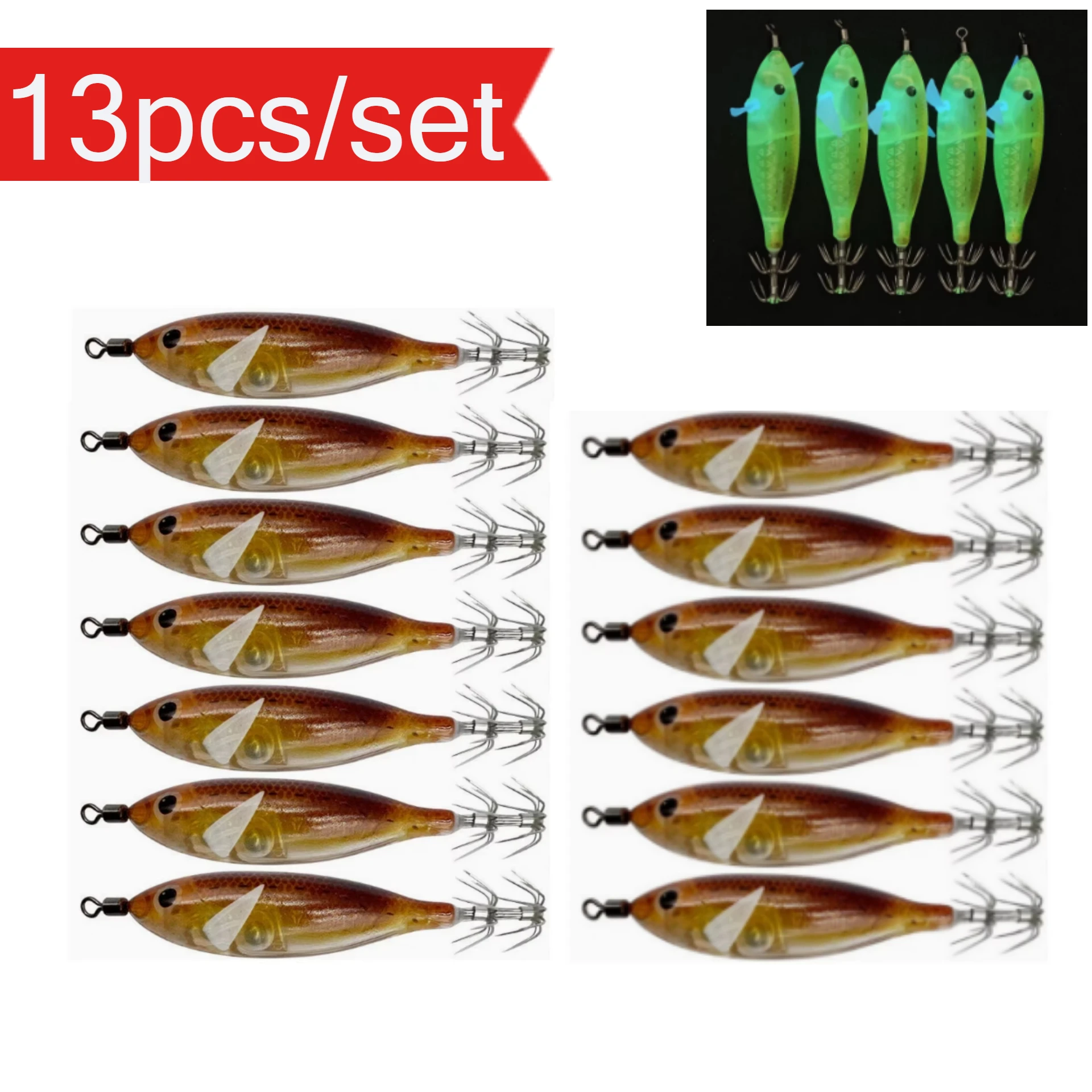 13-teiliges Set Leuchtender Tintenfisch-Jig 8cm/5,7g Garnelen-Angelköder Haken Meeresfischerei-Zubehör Künstlicher Köder Oktopus-Köder