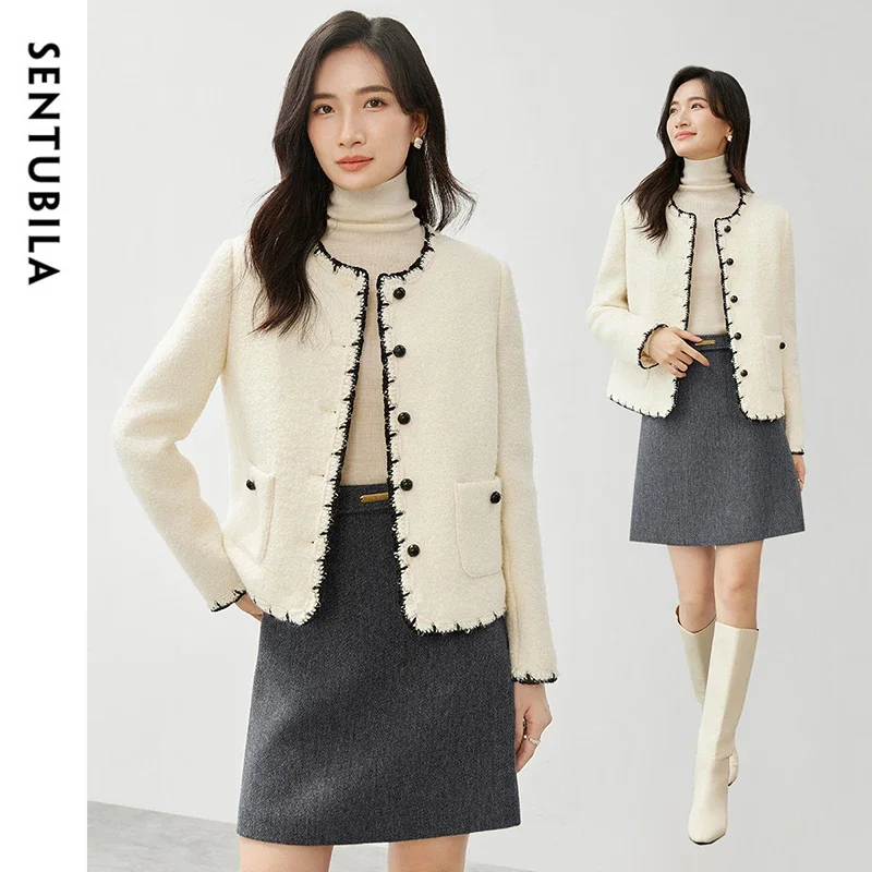 SENTUBILA Korean Crop Wool Coat Fall Winter Elegant Spliced O Neck Double Sided Outerwear 2024 New in Coats & Jackets 144W57390