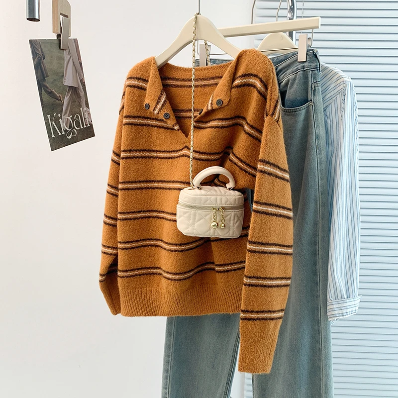 Suéteres de punto para mujer, Jersey informal a rayas, Jersey Retro de otoño-invierno, suéter holgado de gran tamaño Harajuku