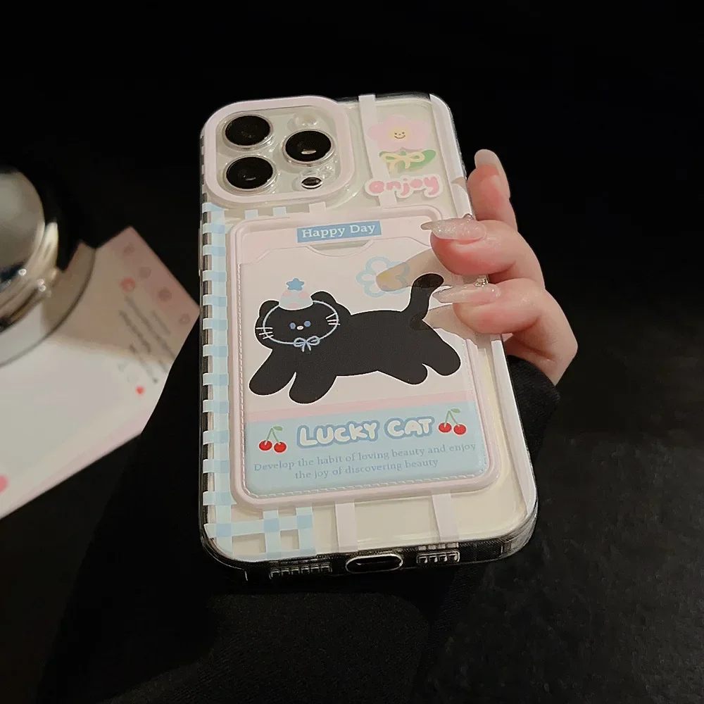 Cherry Party Black Cat Photo card holder Clear Phone Case For iPhone 16 15 14 13 12 11 Pro Max Xr 16Plus Case Cute Cartoon Cover image 5