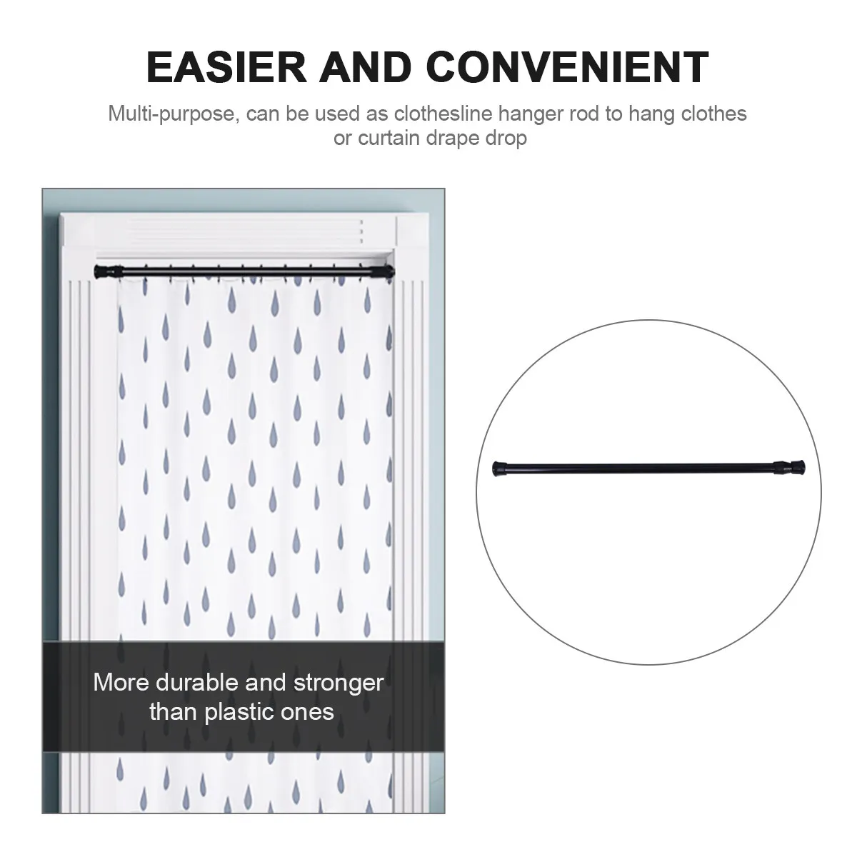 2Pcs High Carbon Steel Shower Curtain Rods Telescopic Tension Poles Retractable Clothes Drying Rods Windproof Anti-Rust for Home