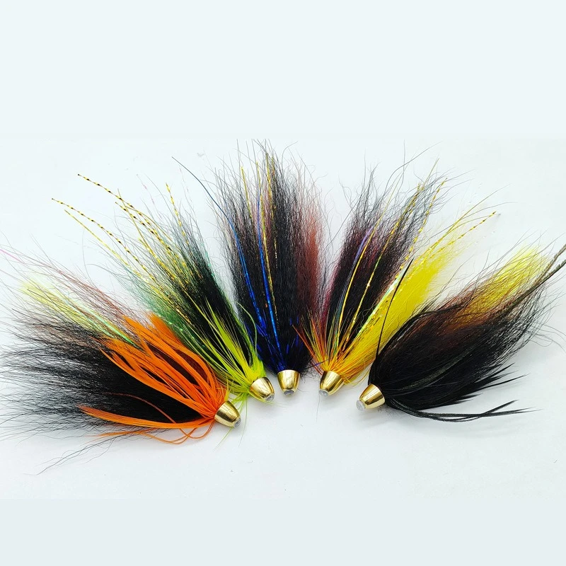 

5pcs Copper Head Cone Tube Worm Fly Fishing Lures, Mixed Color Wet Bait for Salmon and Trout Blue Orange Black Green Colors