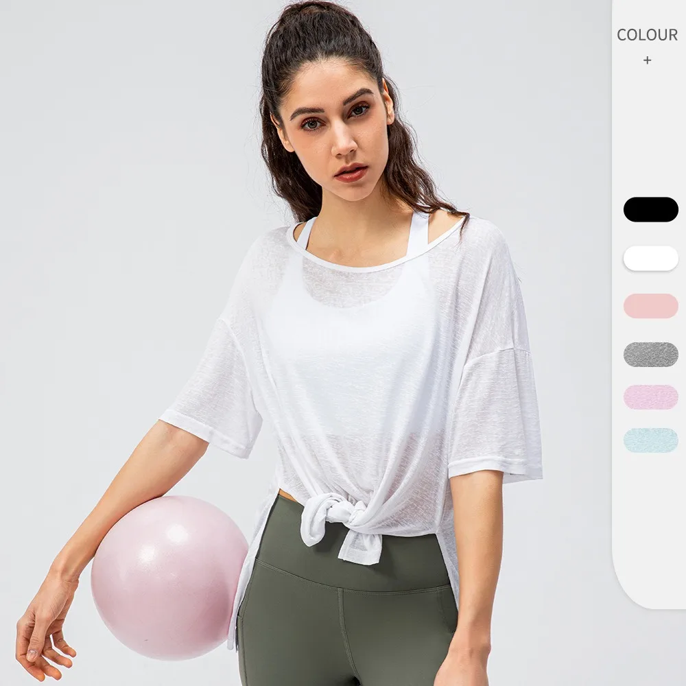 Women Lightweight Breathable Sports Cover Up Loose Short Sleeve Split Hem Quick Dry Yoga Tops