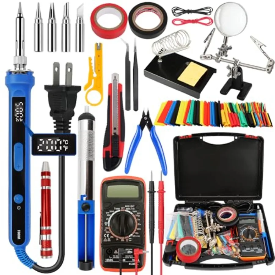 

194PCS Soldering Iron Kit, 100W Soldering Iron Adjustable Temperature, Solder Wire, Stand, Desoldering Pump, Soldering Welding
