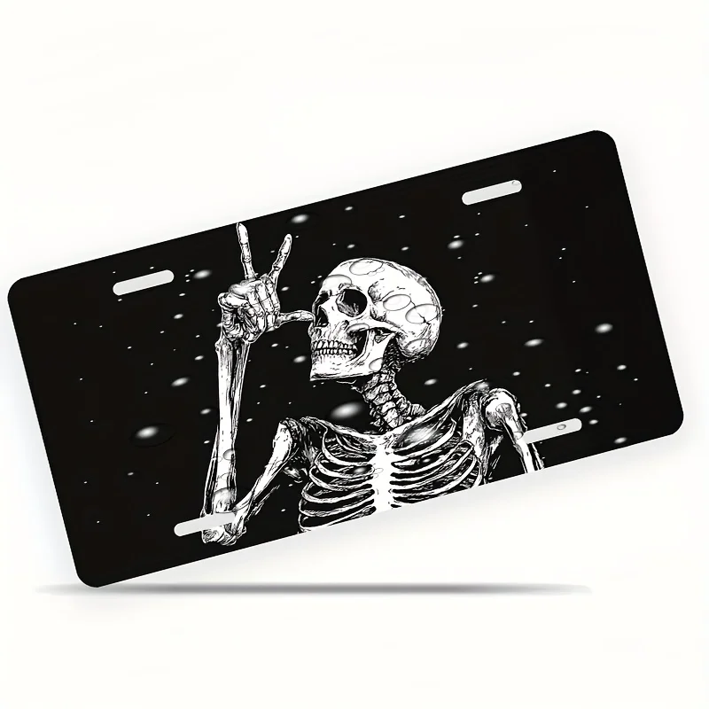 Rock Hand Gesture Skeleton Skull Dark Galaxy Grunge Gothic Art Style 2D Flat Printed License Plate Aluminum Metal Painting High