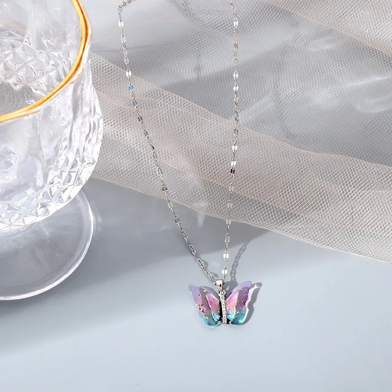 Korean Gradient Pink Blue Crystal Butterfly Pendants For Women Stainless Steel Chains Clavicle Necklace Female Party Jewelry