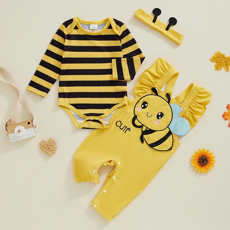 

0-18 Months 3Pcs Baby Girl Halloween Outfits Long Sleeve Striped Romper Bee Shaped Overalls Headband Set Party Costume