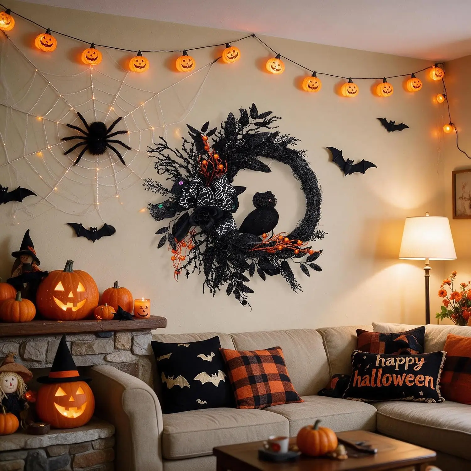 Garvee 20 Inch Spooky Black Owl Halloween Wreath with Natural Vines & Artificial Roses Artificial Wreath Ghost Garland Front Door Window Hanging Fall Harvest Party Porch Wall Decoration