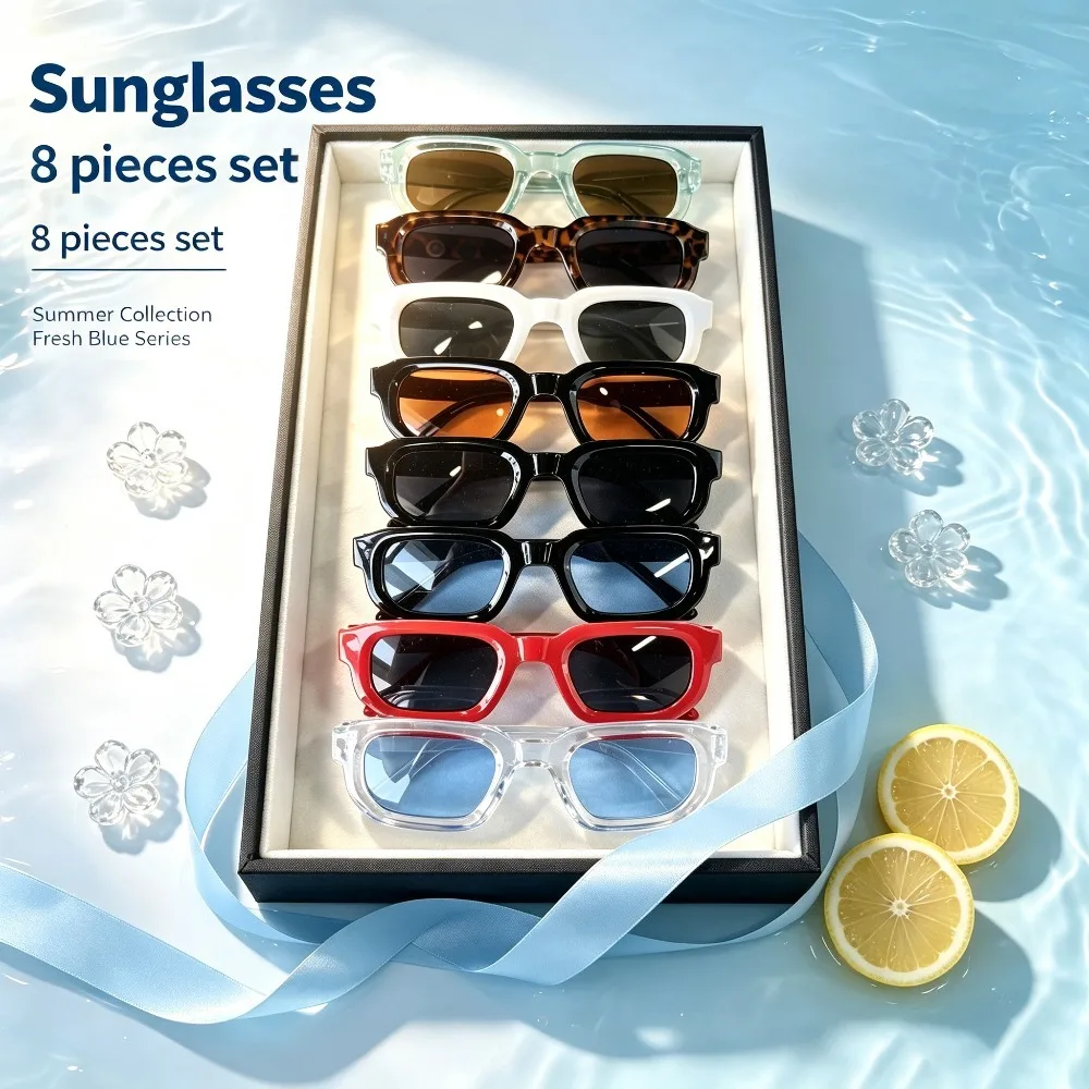 8-Piece Set of 2026 New Square Sunglasses, Fashionable and Versatile, Advanced Sense UV Protection for Men and Women, Universal Trend and Thin Square Sunglasses, Suitable for Parties and Parties To Go Out and Take Pictures