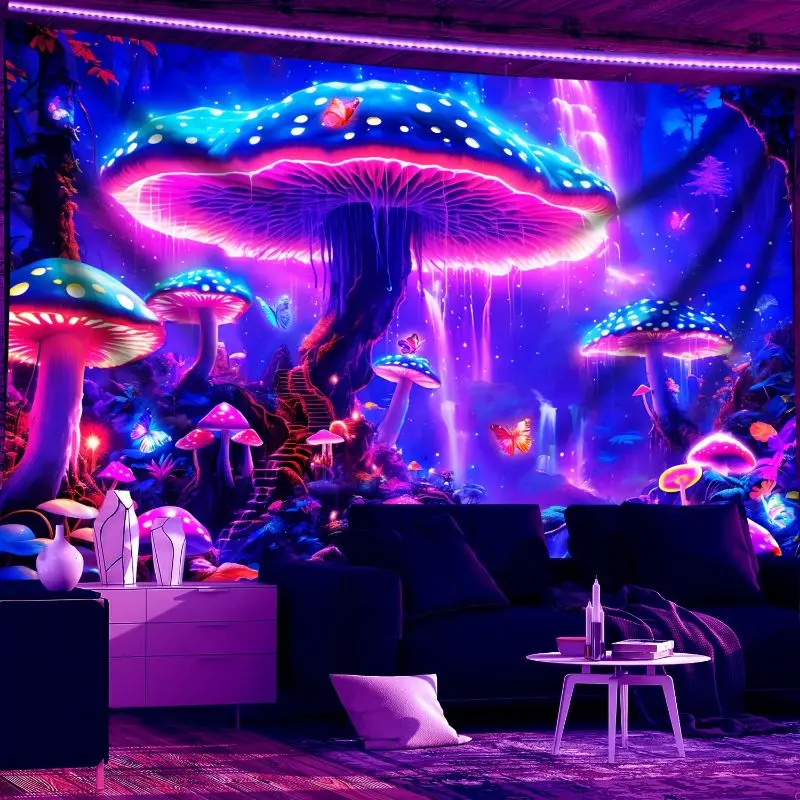 VIKAMA Fluorescent Psychedelic Mushroom Tapestry Fantasy Forest Wall Tapestry Bedroom Niche Dormitory Party Home Decoration