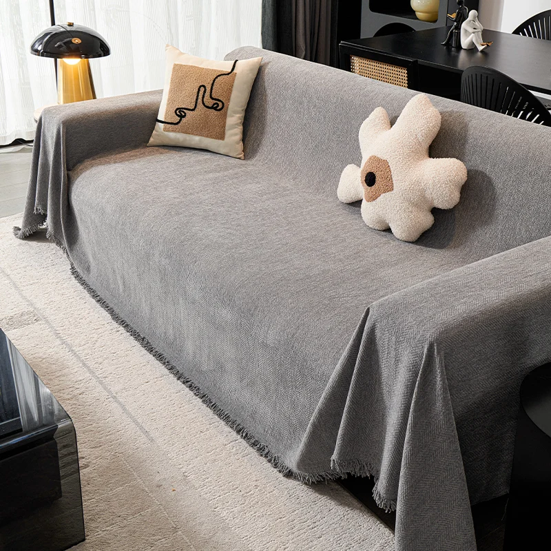 Grey One Piece Full Cover Sofa Blanket Luxury Faux Fur Cat Proof Non Slip for Winter Solid color