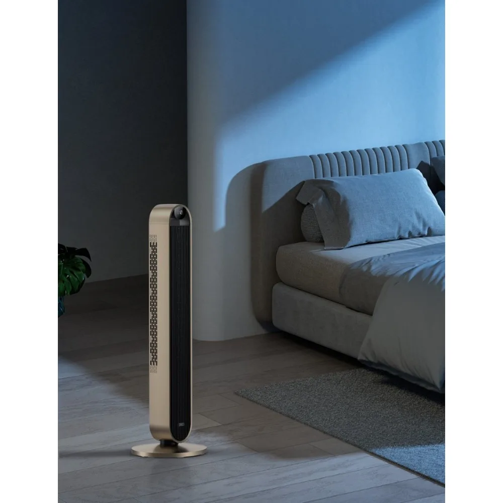 Fan, 120°Oscillating Bladeless Fan for Bedroom, 25dB Quiet DC Motor, Standing Fan with Remote, 12 Hyper Wind Speeds - Gold