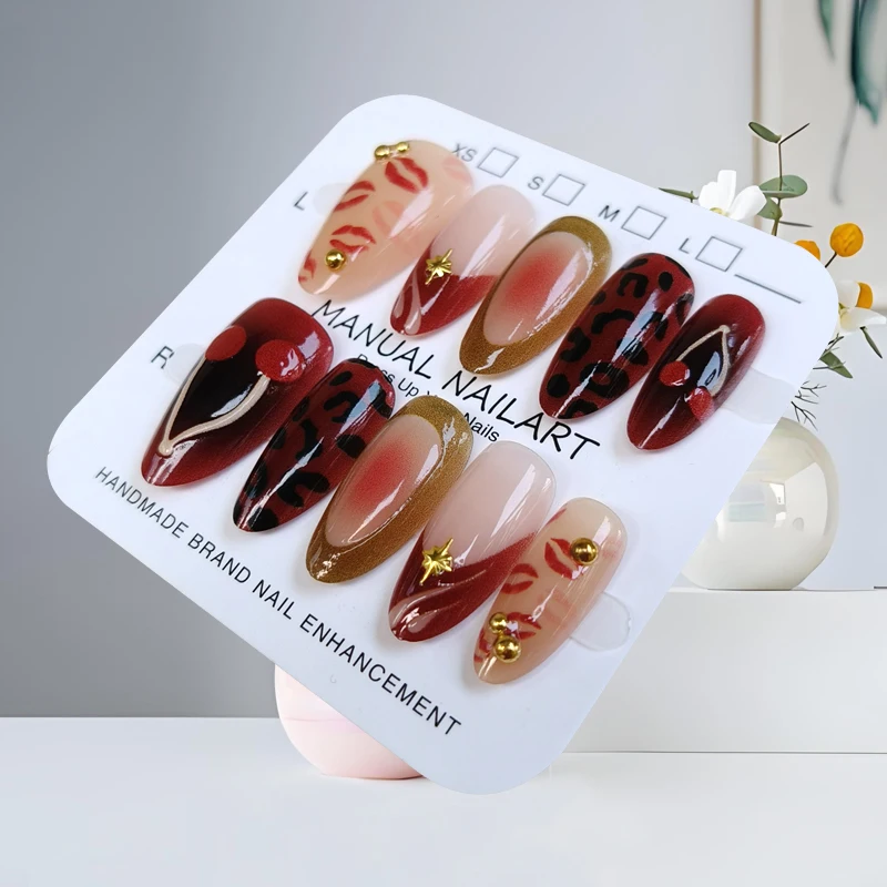 10 stuks Franse stijl mode kersenkus korte amandel druk op nagels trend chic luipaardprint vergulde nagelpatch cat eye valse nagel