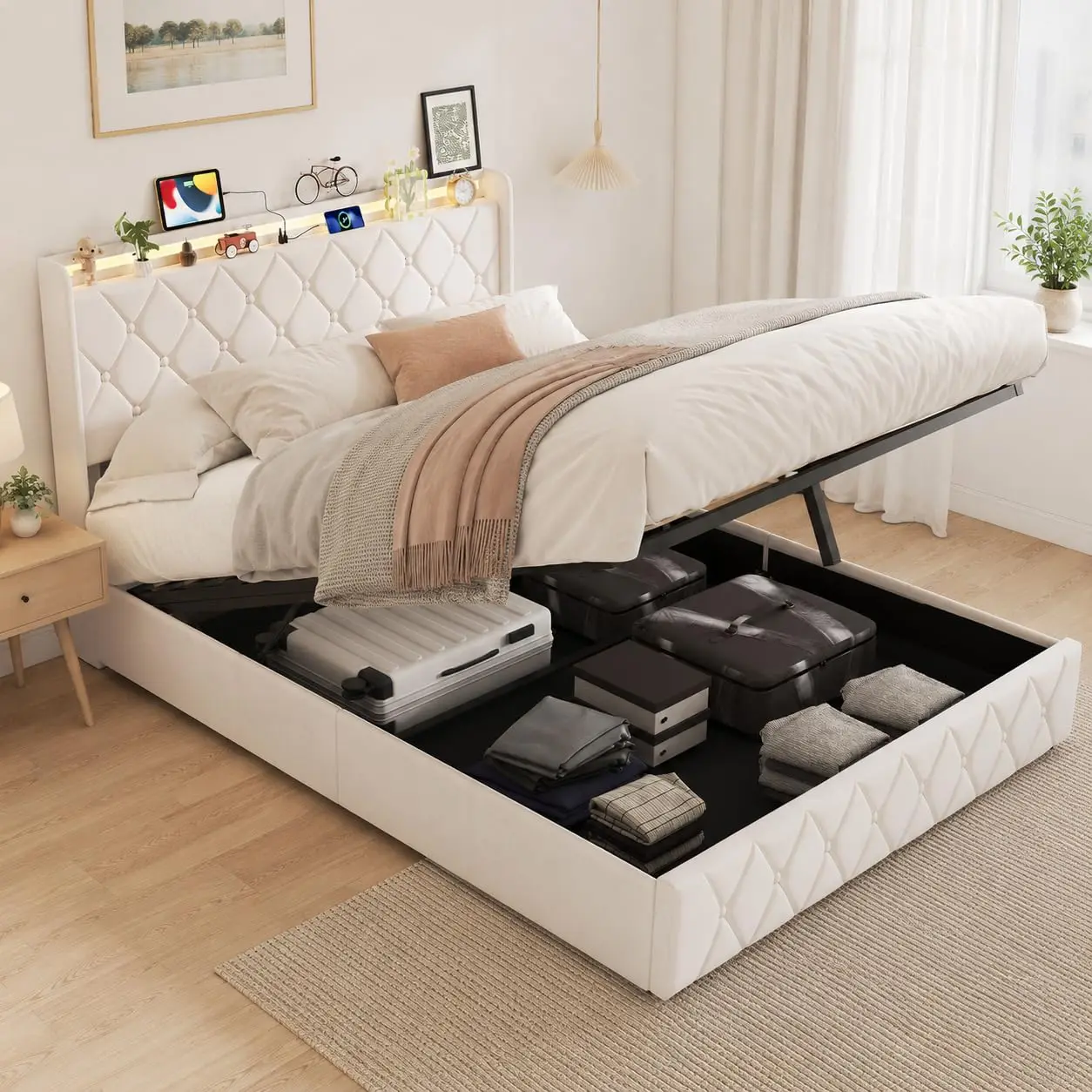 Comanlai, letto con contenitore integrato, dimensioni 140×200 cm, letto idraulico, letto per bambini, letto matrimoniale, letto imbottito, testiera co