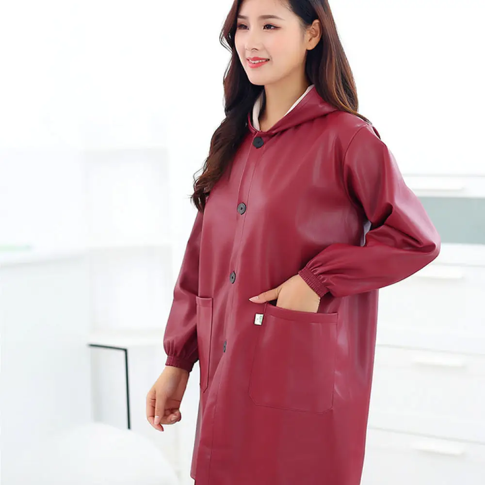 Long Sleeve Waterproof Apron PU Leather Kitchen Smock Oil Resistant Cleaning Uniform Thickened Soft Durable Cooking Bib Unisex